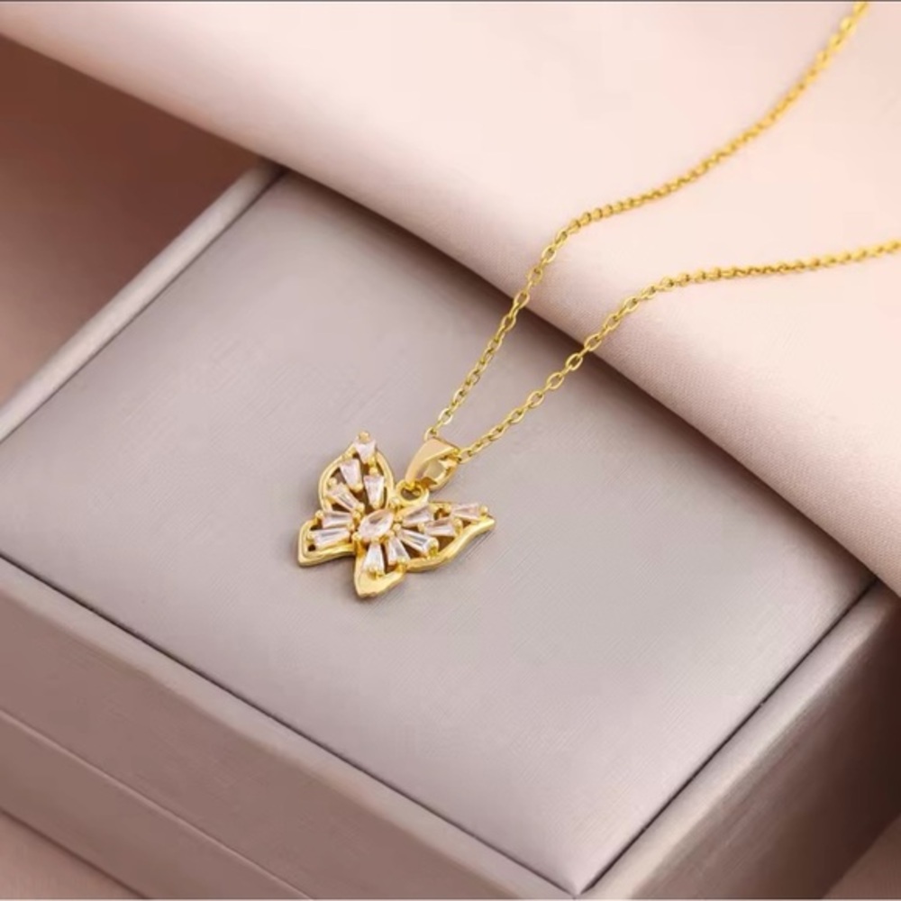 Gold Butterfly Necklace Stainless Steel | Cubic Zirconia Diamonds